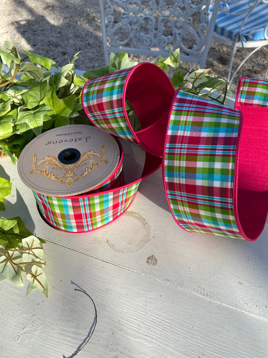 3" x 10yds Bright Plaid Ribbon Pink,Lime,Ice Blue
