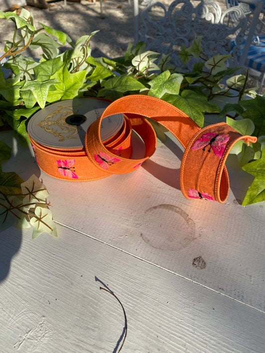1.5" x 10yds Butterfly Embroidered Tangerine Ribbon