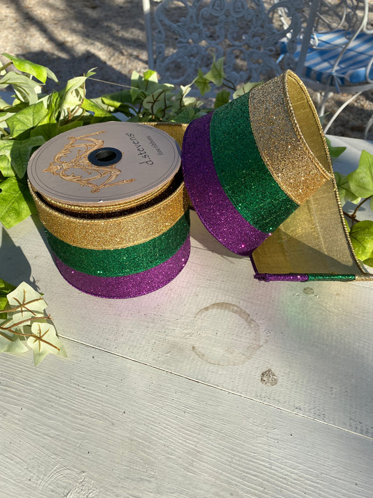 4"x10yds Tri Color Glitter Stripe Ribbon Purple,Green, Gold