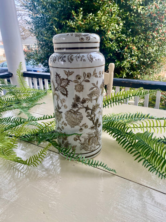 14.5" Taupe & White Porcelain Chinoiserie Lidded Jar ( Large)